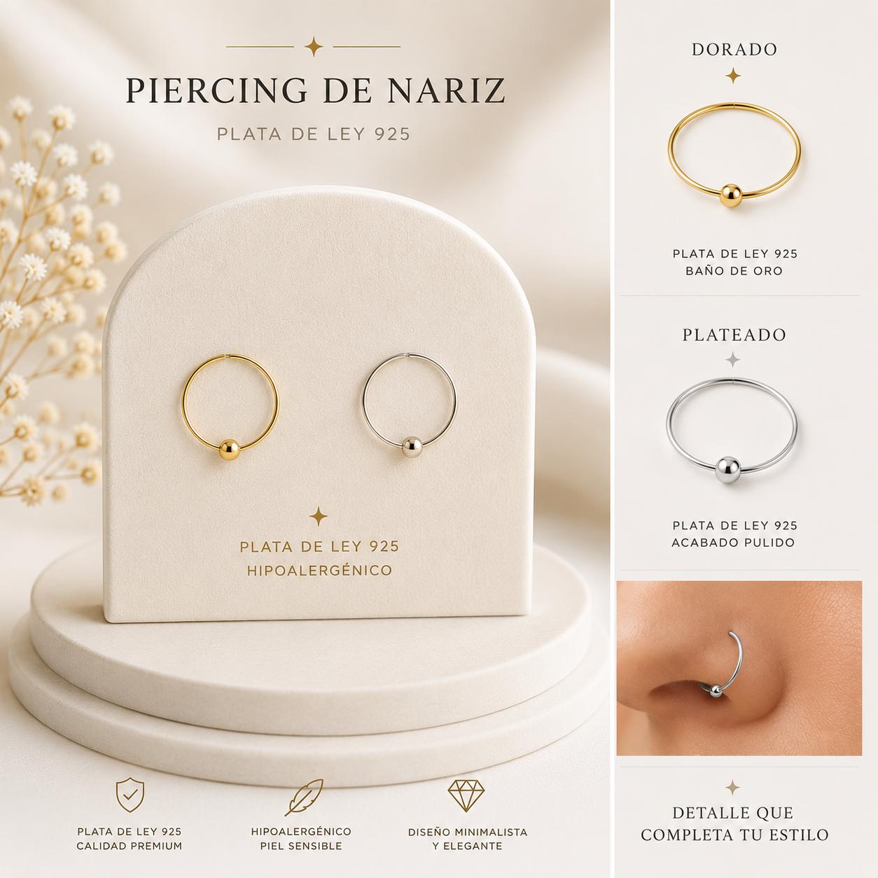 Piercing de nariz de aro con bolita en plata de ley 925, plateado y baño de oro · D'Capricho