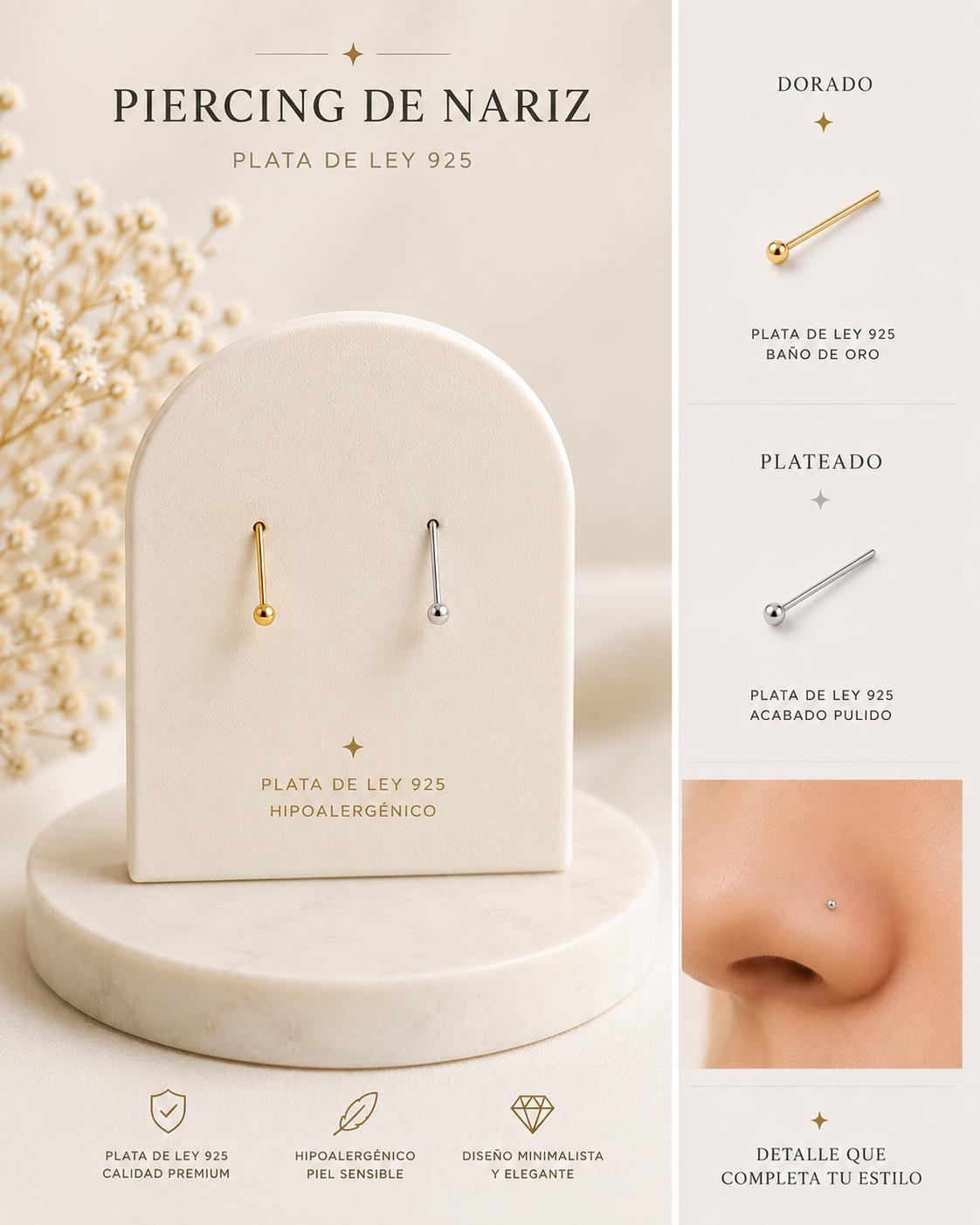 Piercing de nariz de palo recto en plata de ley 925, plateado y baño de oro · D'Capricho