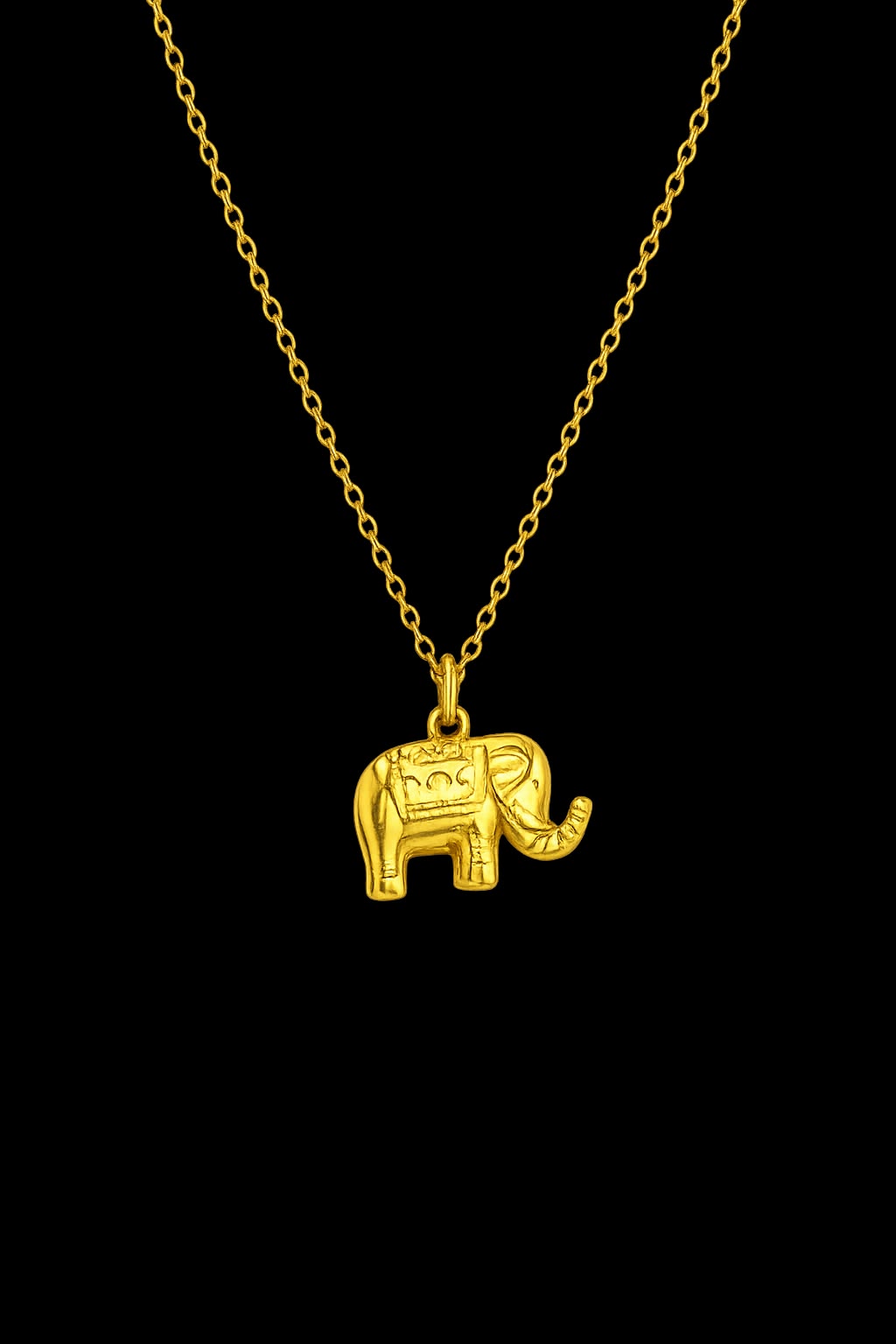 Detalle del colgante de elefante dorado con la trompa levantada