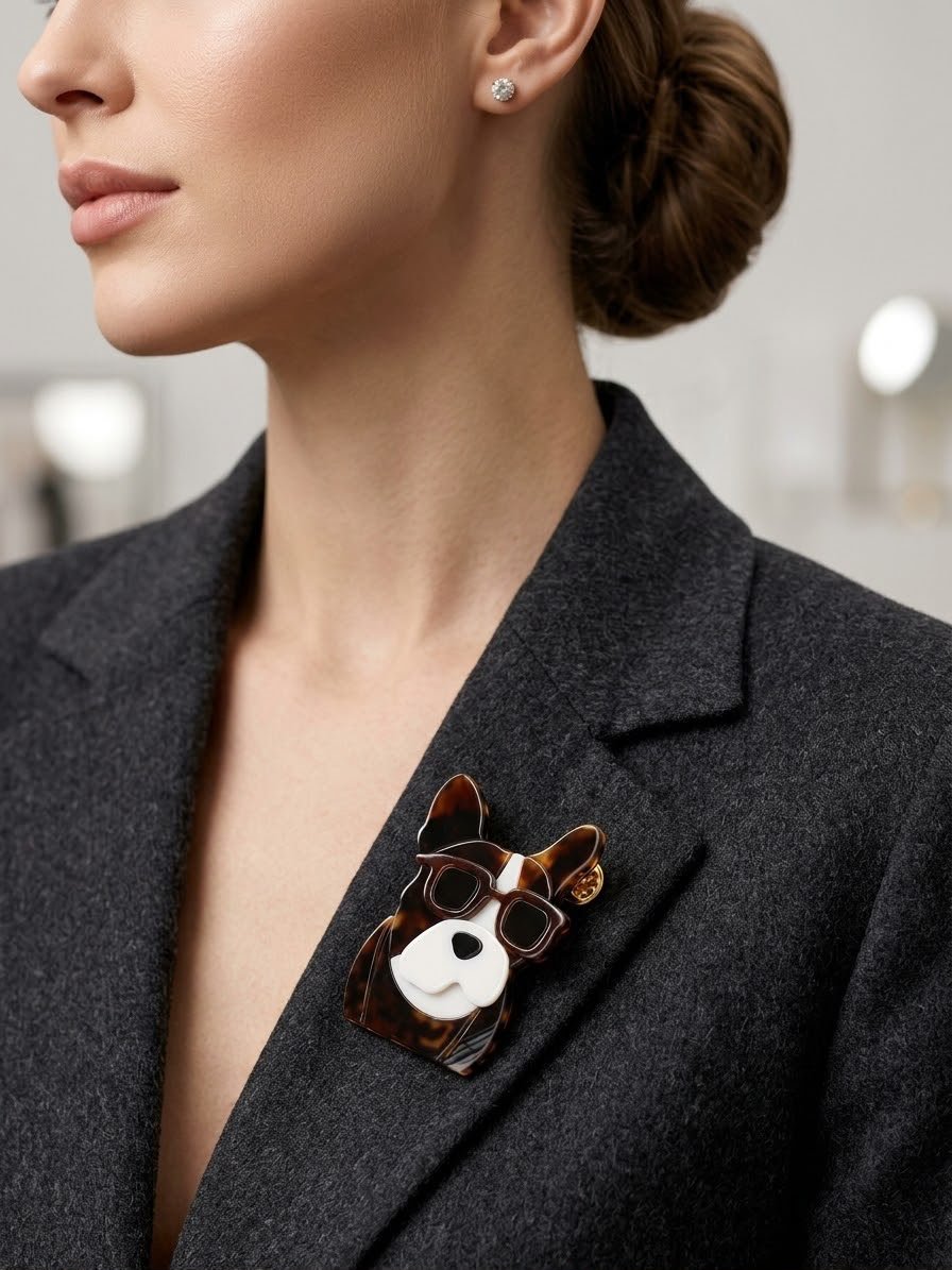 Broche Frenchie con gafas de sol puesto en una solapa