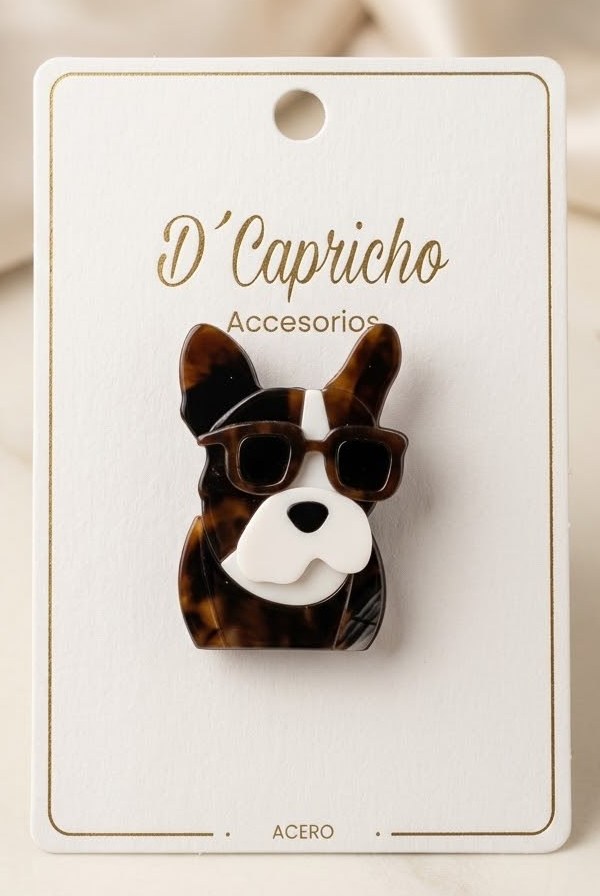 Broche Frenchie con gafas de sol sobre tarjeta D'Capricho